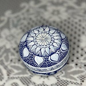 Blue and White Hand Painted Terracotta Dish with Lid